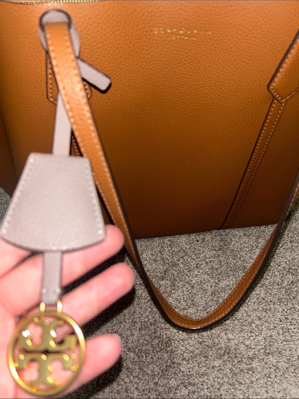 Tory Burch Cognac Pebbled Leather Tote with Taupe Tag Accents - Picture 14 of 14